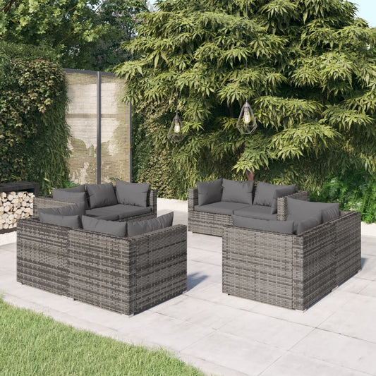 8 pcs conjunto lounge de jardim c/ almofadões vime PE cinzento