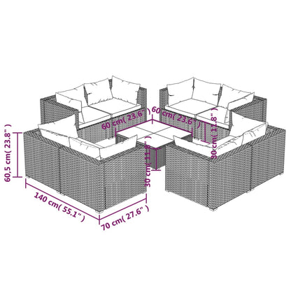 9 pcs conjunto lounge de jardim c/ almofadões vime PE preto