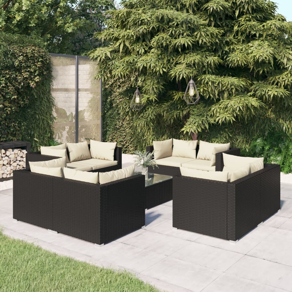 9 pcs conjunto lounge de jardim c/ almofadões vime PE preto