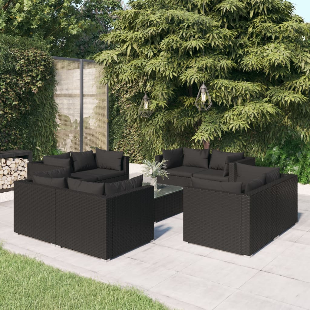 9 pcs conjunto lounge de jardim c/ almofadões vime PE preto