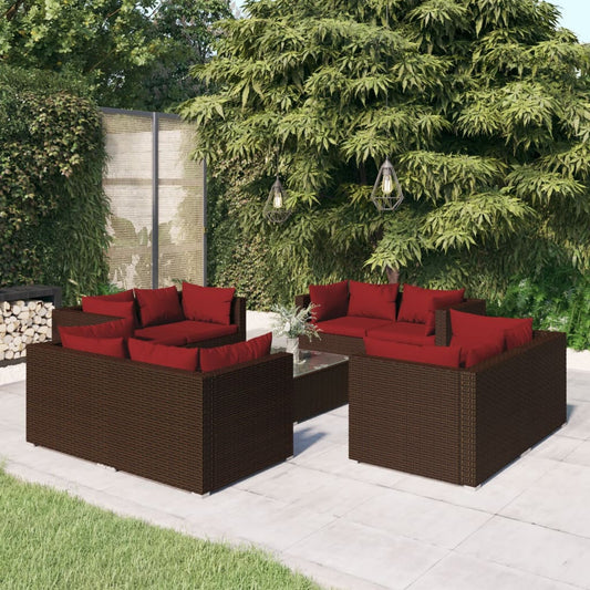 9 pcs conjunto lounge de jardim c/ almofadões vime PE castanho