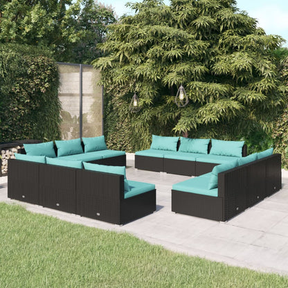 12 pcs conjunto lounge de jardim c/ almofadões vime PE preto