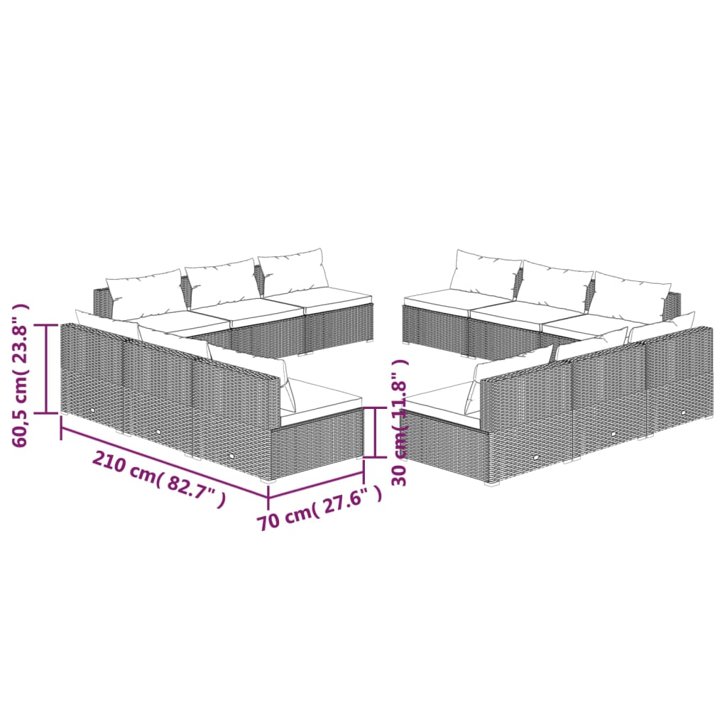 12 pcs conjunto lounge de jardim c/ almofadões vime PE cinzento