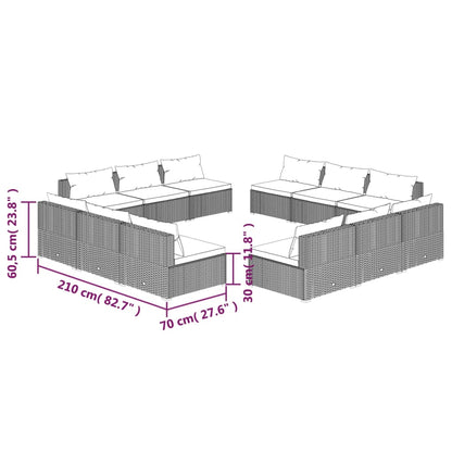 12 pcs conjunto lounge de jardim c/ almofadões vime PE cinzento