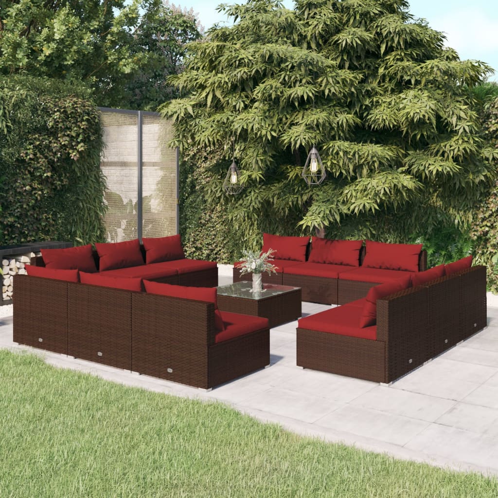 13 pcs conjunto lounge jardim c/ almofadões vime PE castanho