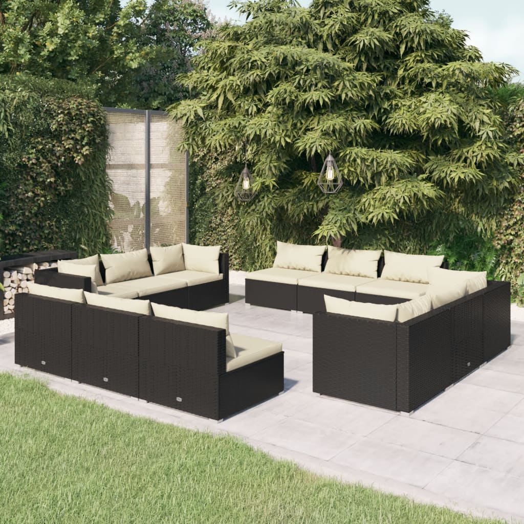 12 pcs conjunto lounge de jardim c/ almofadões vime PE preto