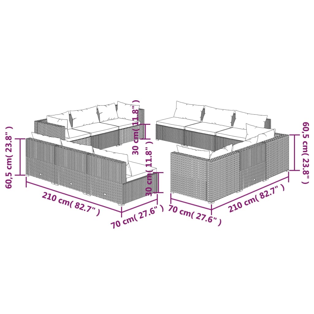 12 pcs conjunto lounge de jardim c/ almofadões vime PE preto