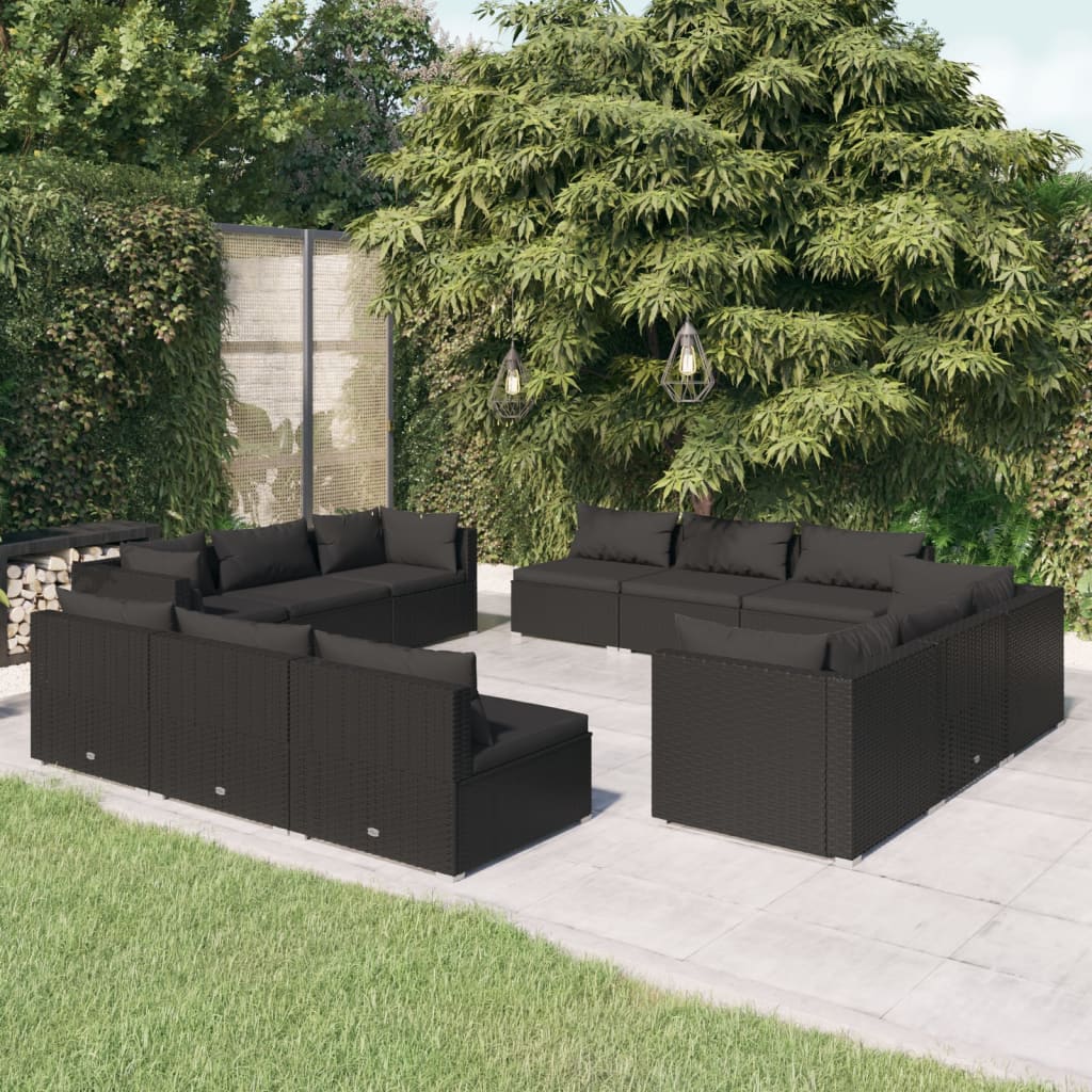 12 pcs conjunto lounge de jardim c/ almofadões vime PE preto