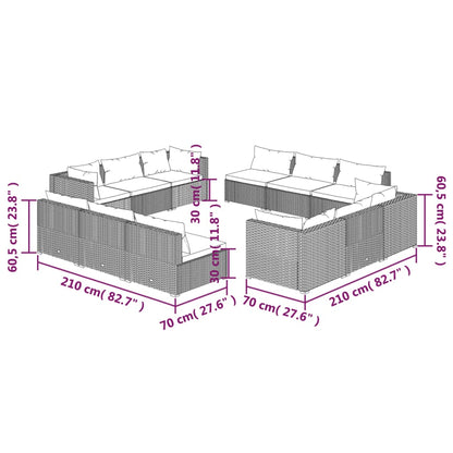 12 pcs conjunto lounge jardim c/ almofadões vime PE castanho