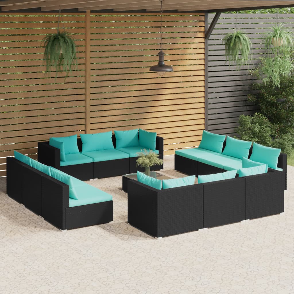 13 pcs conjunto lounge de jardim c/ almofadões vime PE preto