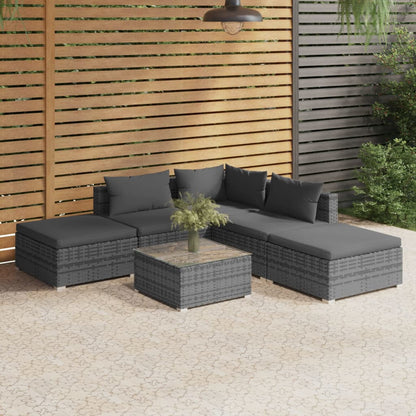 6 pcs conjunto lounge de jardim c/ almofadões vime PE cinzento