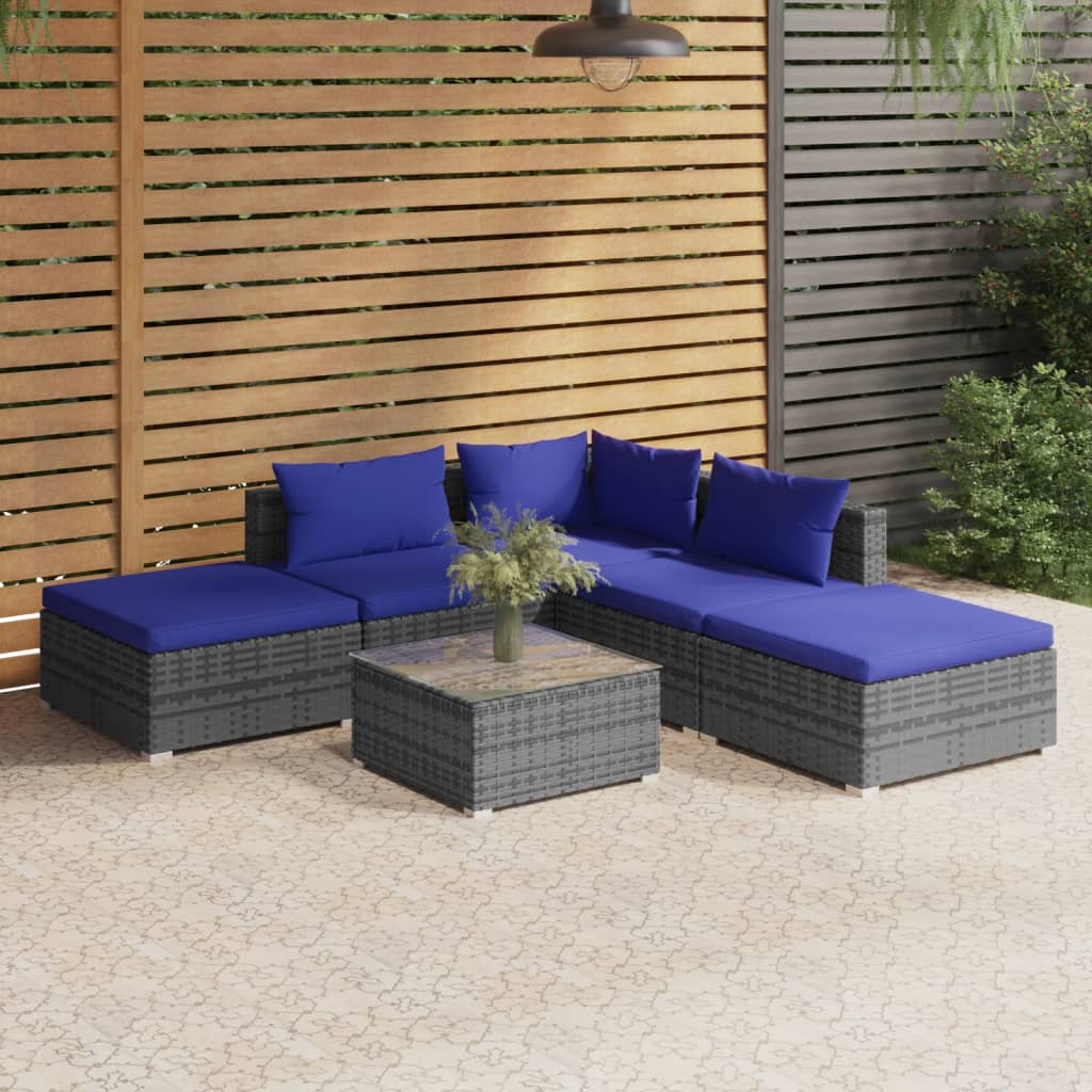 6 pcs conjunto lounge de jardim c/ almofadões vime PE cinzento