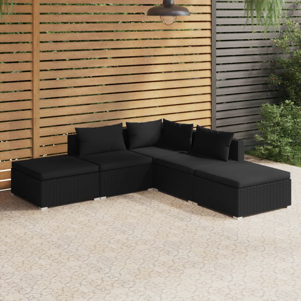 5 pcs conjunto lounge de jardim c/ almofadões vime PE preto