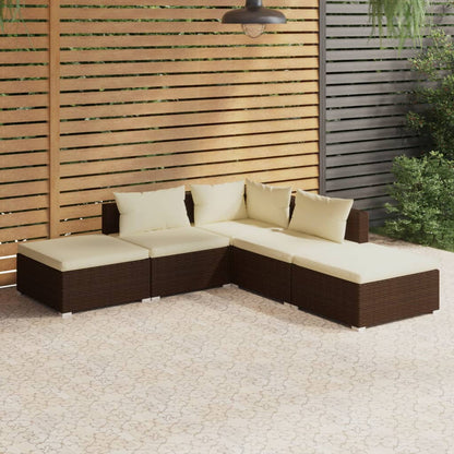 5 pcs conjunto lounge jardim c/ almofadões vime PE castanho