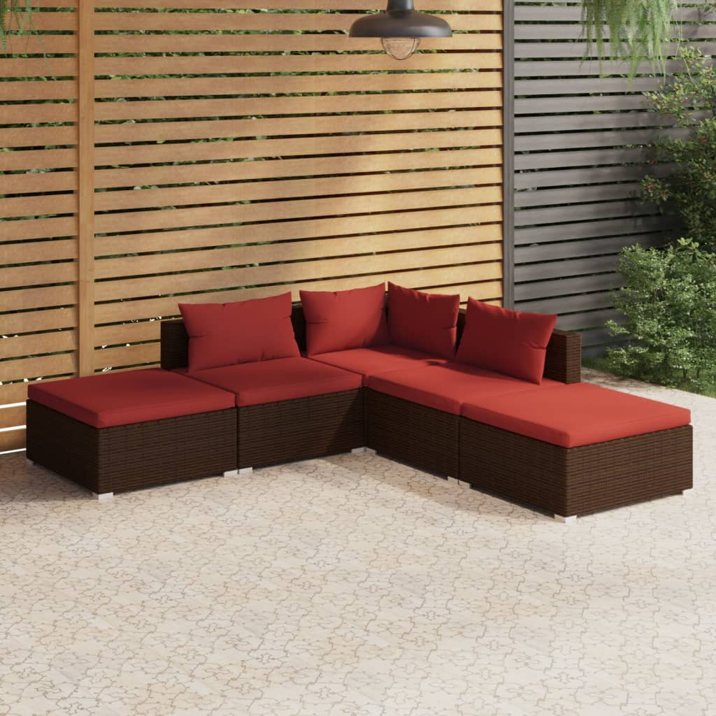 5 pcs conjunto lounge jardim c/ almofadões vime PE castanho