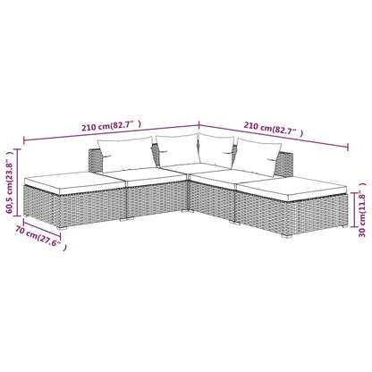 5 pcs conjunto lounge jardim c/ almofadões vime PE castanho