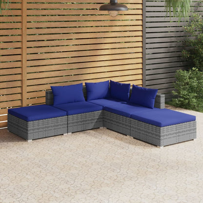 5 pcs conjunto lounge de jardim c/ almofadões vime PE cinzento