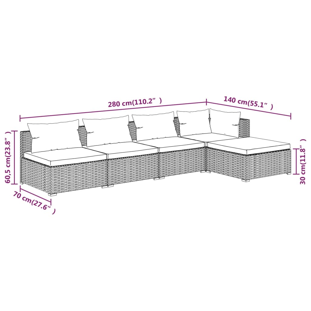 5 pcs conjunto lounge jardim c/ almofadões vime PE castanho