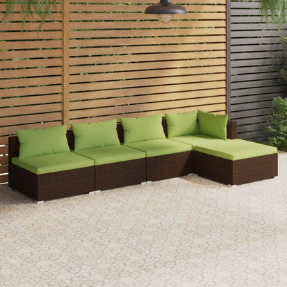 5 pcs conjunto lounge jardim c/ almofadões vime PE castanho