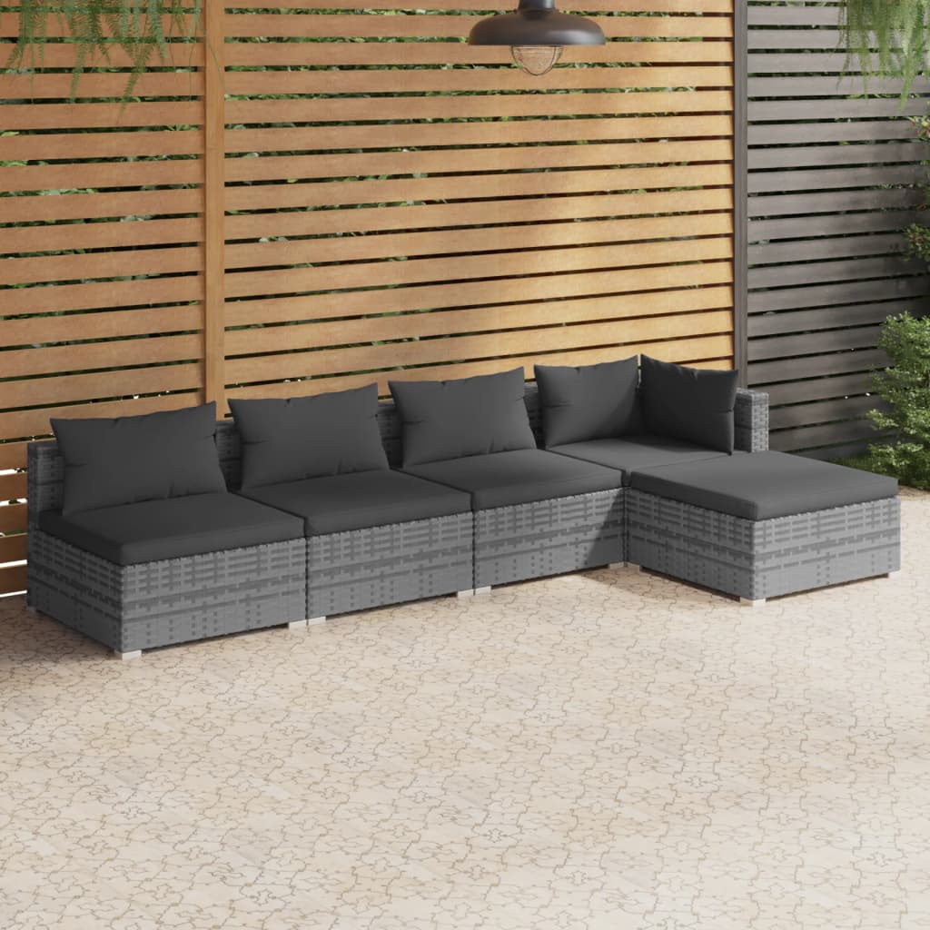 5 pcs conjunto lounge de jardim c/ almofadões vime PE cinzento