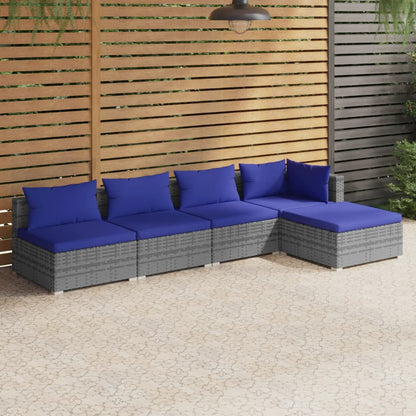 5 pcs conjunto lounge de jardim c/ almofadões vime PE cinzento