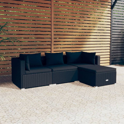 4 pcs conjunto lounge de jardim c/ almofadões vime PE preto