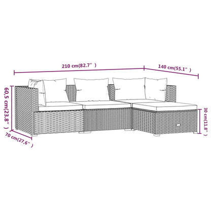 4 pcs conjunto lounge de jardim c/ almofadões vime PE cinzento