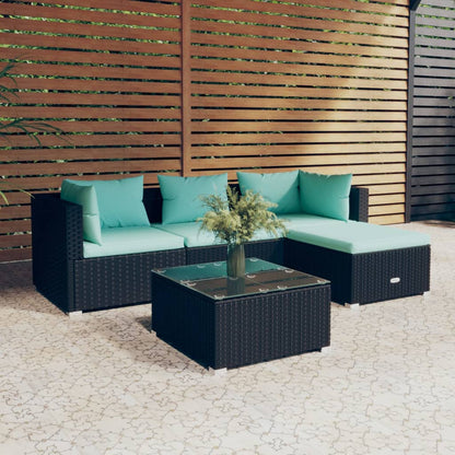 5 pcs conjunto lounge de jardim c/ almofadões vime PE preto