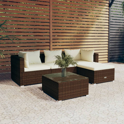 5 pcs conjunto lounge jardim c/ almofadões vime PE castanho