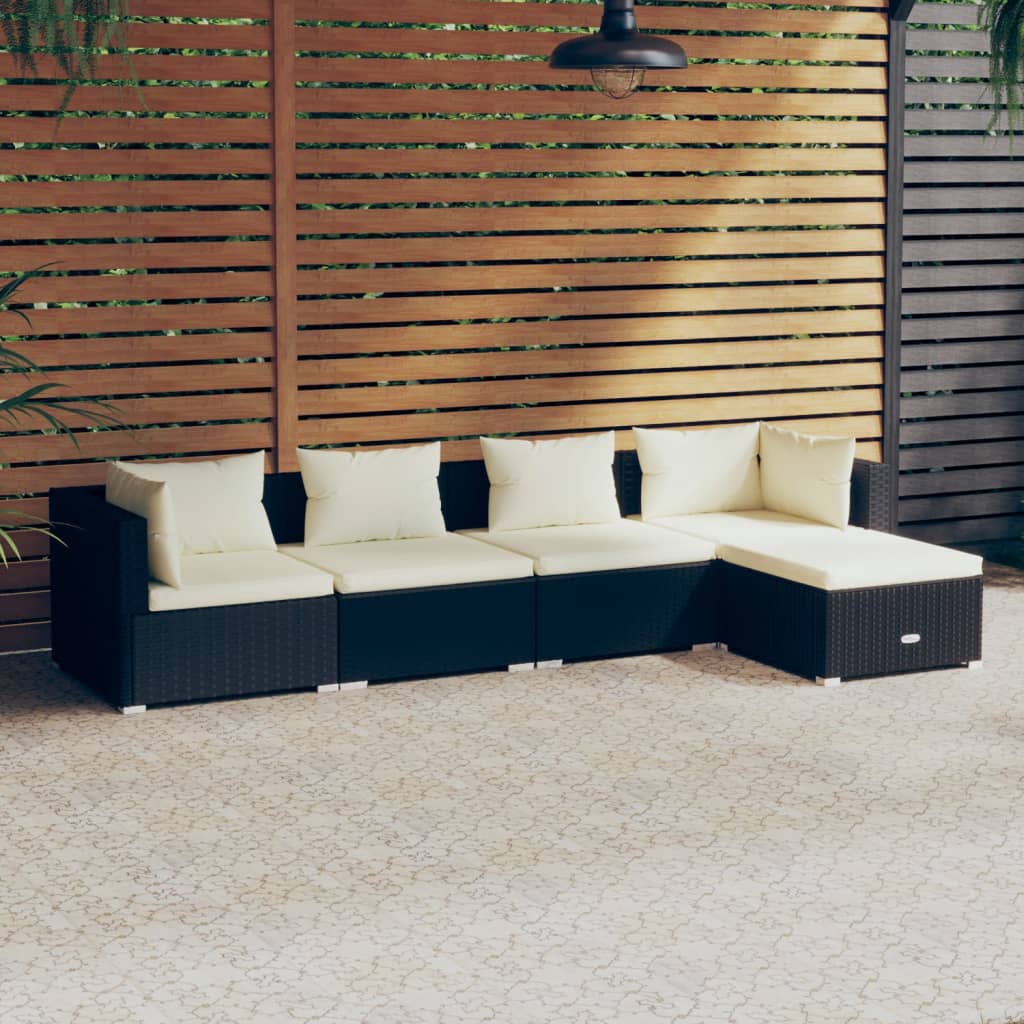 5 pcs conjunto lounge de jardim c/ almofadões vime PE preto