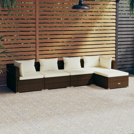 5 pcs conjunto lounge jardim c/ almofadões vime PE castanho