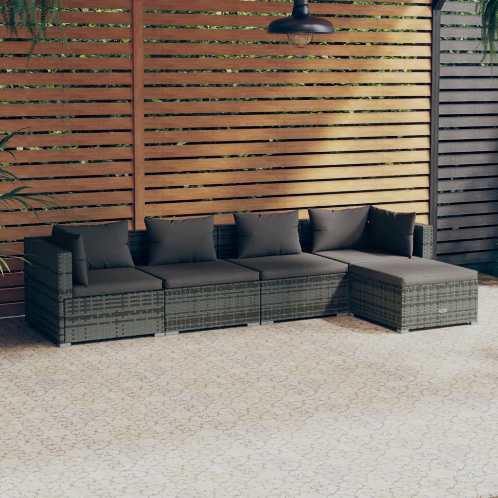 5 pcs conjunto lounge de jardim c/ almofadões vime PE cinzento