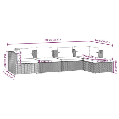 5 pcs conjunto lounge de jardim c/ almofadões vime PE cinzento