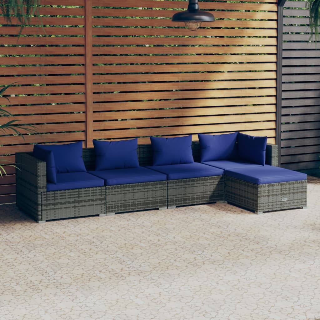 5 pcs conjunto lounge de jardim c/ almofadões vime PE cinzento