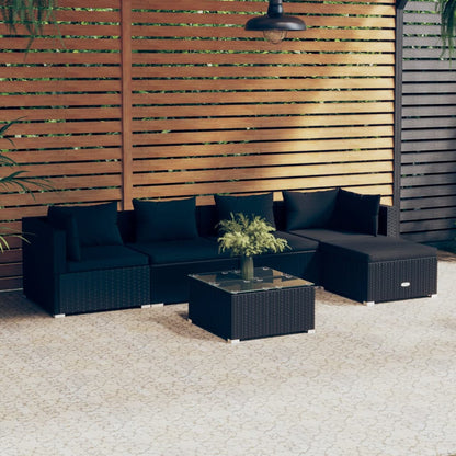 6 pcs conjunto lounge de jardim c/ almofadões vime PE preto