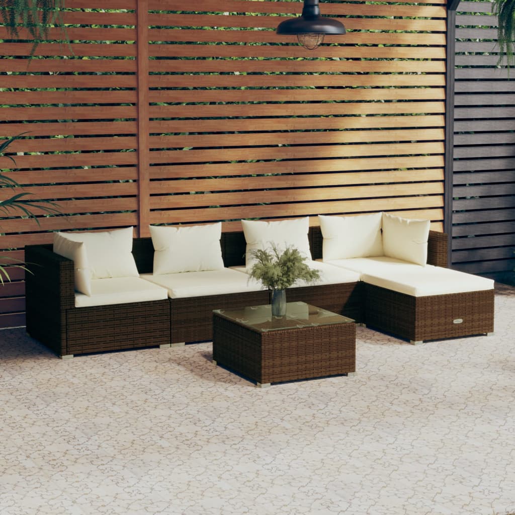 6 pcs conjunto lounge jardim c/ almofadões vime PE castanho