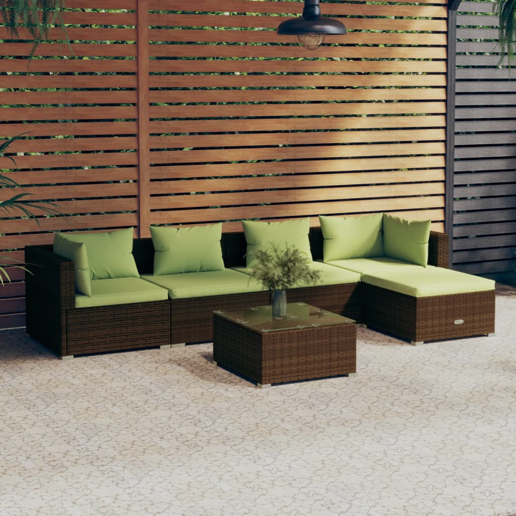 6 pcs conjunto lounge jardim c/ almofadões vime PE castanho