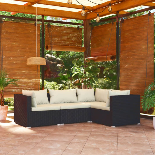 4 pcs conjunto lounge de jardim c/ almofadões vime PE preto