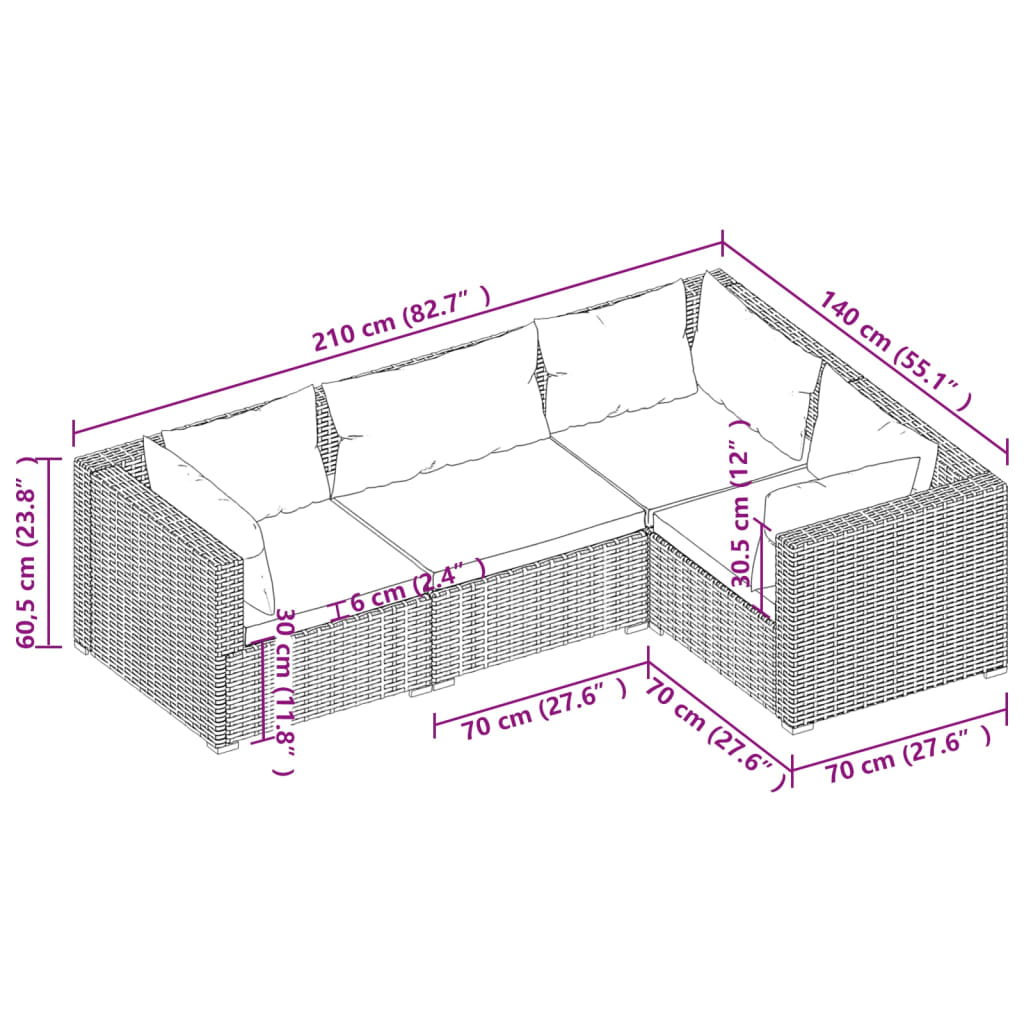 4 pcs conjunto lounge de jardim c/ almofadões vime PE preto