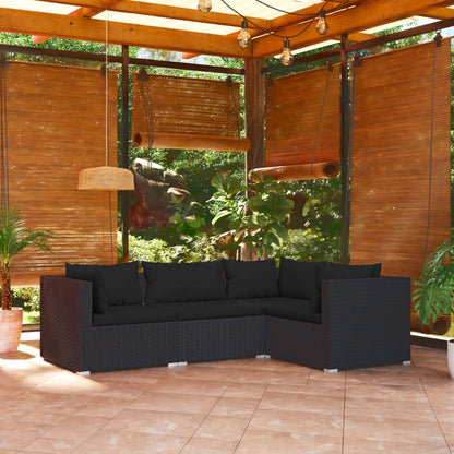 4 pcs conjunto lounge de jardim c/ almofadões vime PE preto