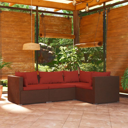 4 pcs conjunto lounge jardim c/ almofadões vime PE castanho