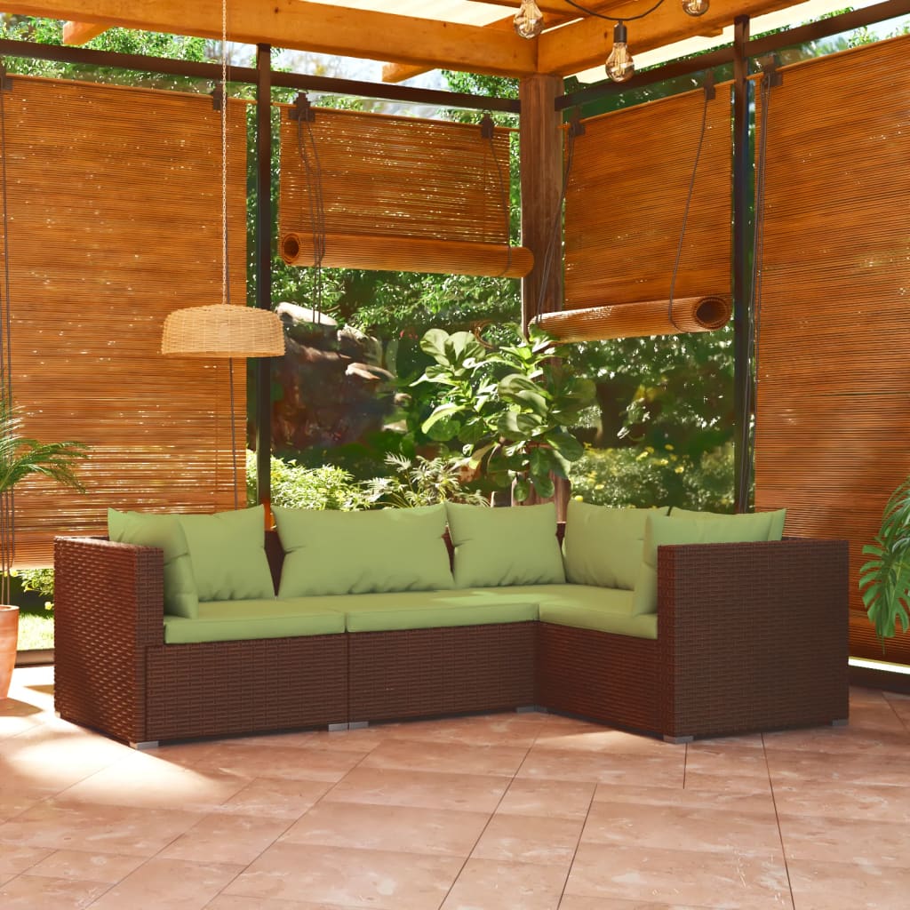 4 pcs conjunto lounge jardim c/ almofadões vime PE castanho