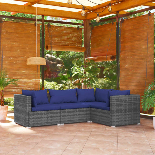 4 pcs conjunto lounge de jardim c/ almofadões vime PE cinzento