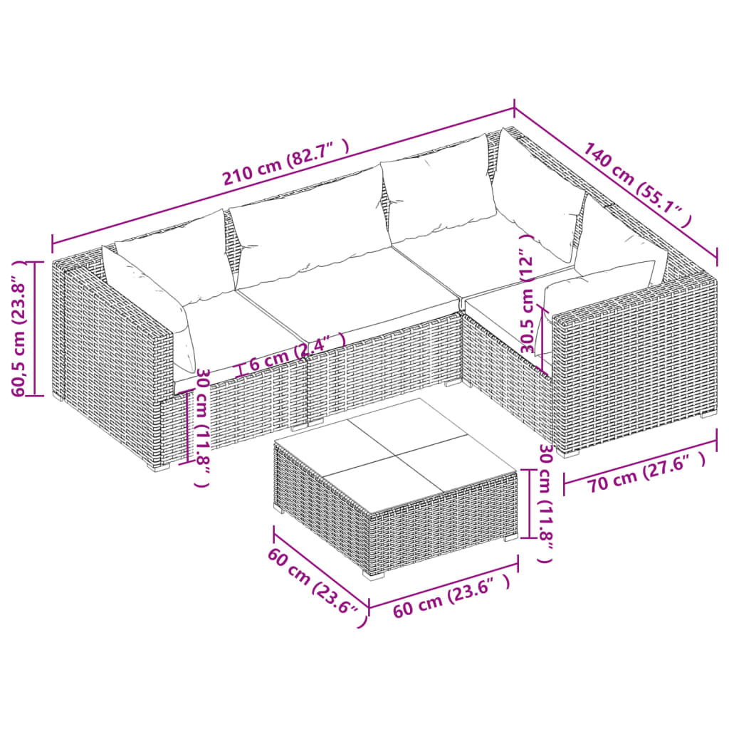 5 pcs conjunto lounge de jardim c/ almofadões vime PE preto