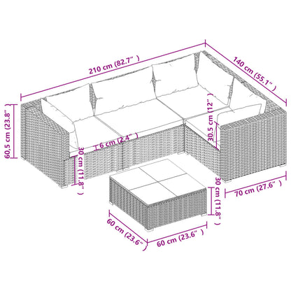 5 pcs conjunto lounge de jardim c/ almofadões vime PE preto