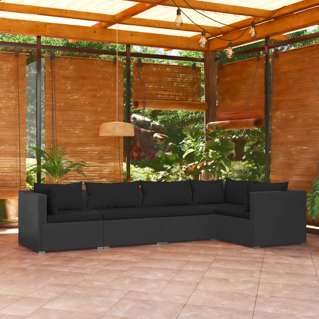 5 pcs conjunto lounge de jardim c/ almofadões vime PE preto