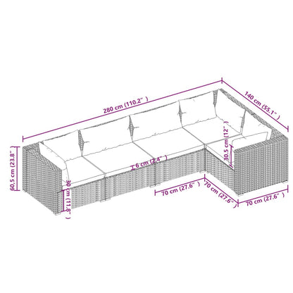 5 pcs conjunto lounge jardim c/ almofadões vime PE castanho