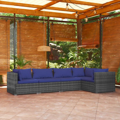 5 pcs conjunto lounge de jardim c/ almofadões vime PE cinzento