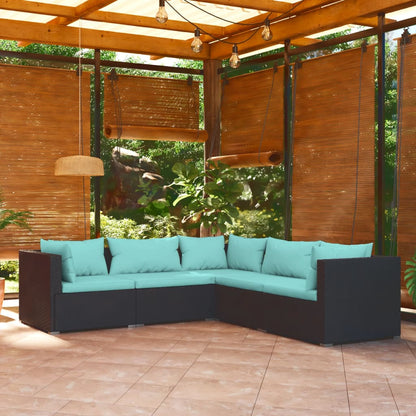 5 pcs conjunto lounge de jardim c/ almofadões vime PE preto