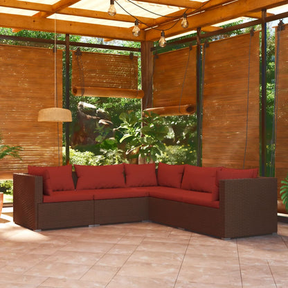 5 pcs conjunto lounge jardim c/ almofadões vime PE castanho